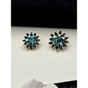 Signed Lisner Blue Aurora Borealis clip on earrings flower shaped see note